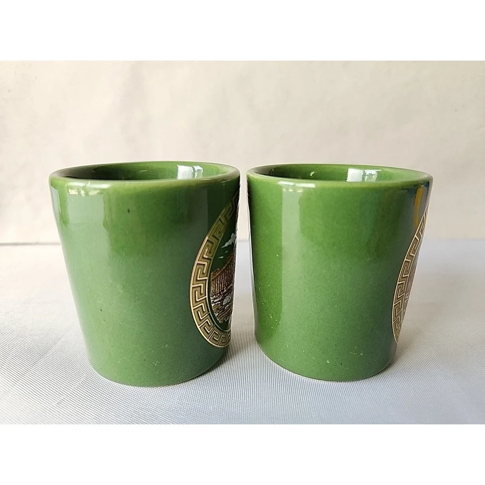 Lot 2 Vintage‎ Greek Handmade Shot Glasses Parthenon of Athens Green w/24K Gold